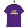 Purple t-shirt with funny image of an old school rose flash tattoo with the words 'No ragrets' intentionally misspelled.