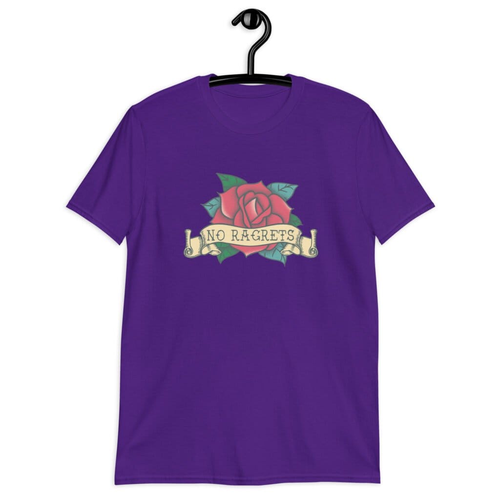 Purple t-shirt with funny image of an old school rose flash tattoo with the words 'No ragrets' intentionally misspelled.