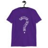 Purple t-shirt with the text 'Question everything' printed on the front. The words are in the shape of a question mark.