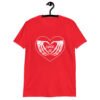 Red t-shirt with a heart and skeleton hands making a heart shape printed on the front. The words 'Cancel Me' are inside of the heart.