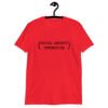 Red t-shirt with the text 'Social anxiety intensifies' printed on the front.