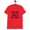Red t-shirt with the text 'Voted most likely to become a cult leader' printed on the front.