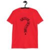 Red t-shirt with the text 'Question everything' printed on the front. The words are in the shape of a question mark.