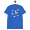 Royal blue t-shirt with Eileen name tag and white splatters printed on the front.