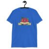 Royal blue t-shirt with funny image of an old school rose flash tattoo with the words 'No ragrets' intentionally misspelled.