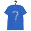 Royal blue t-shirt with the text 'Question everything' printed on the front. The words are in the shape of a question mark.