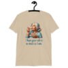 Sand color t-shirt with an image of grey haired older woman enjoying a bite of a piece of cake with the words 'I hope your cake is as moist as I am' printed on the front.