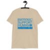Sand color t-shirt with the text 'Emotional support human. Do not pet' printed on the front.