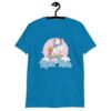 Sapphire blue t-shirt with funny pastel rainbow unicorn graphics and the words Alpha Male printed on the front.