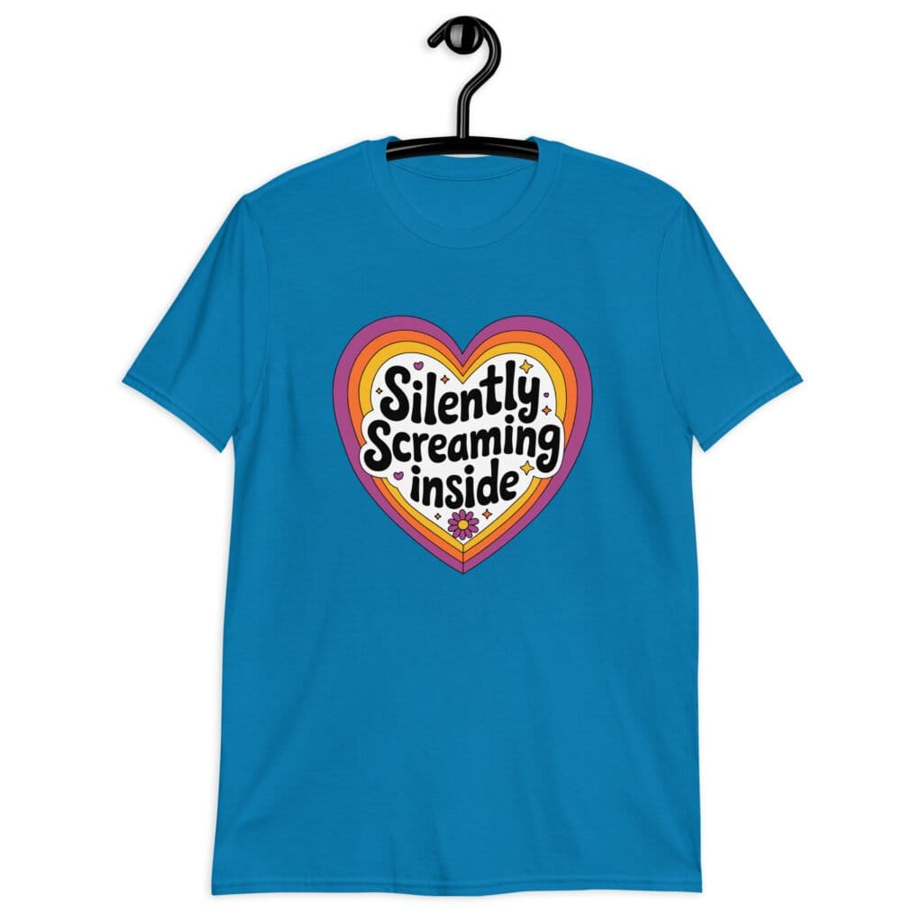Sapphire blue t-shirt with a colorful graphic that says 'Silently screaming inside'. The graphics are printed on the front.