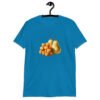 Sapphire blue t-shirt with an image of tater tots and two pears printed on the front.