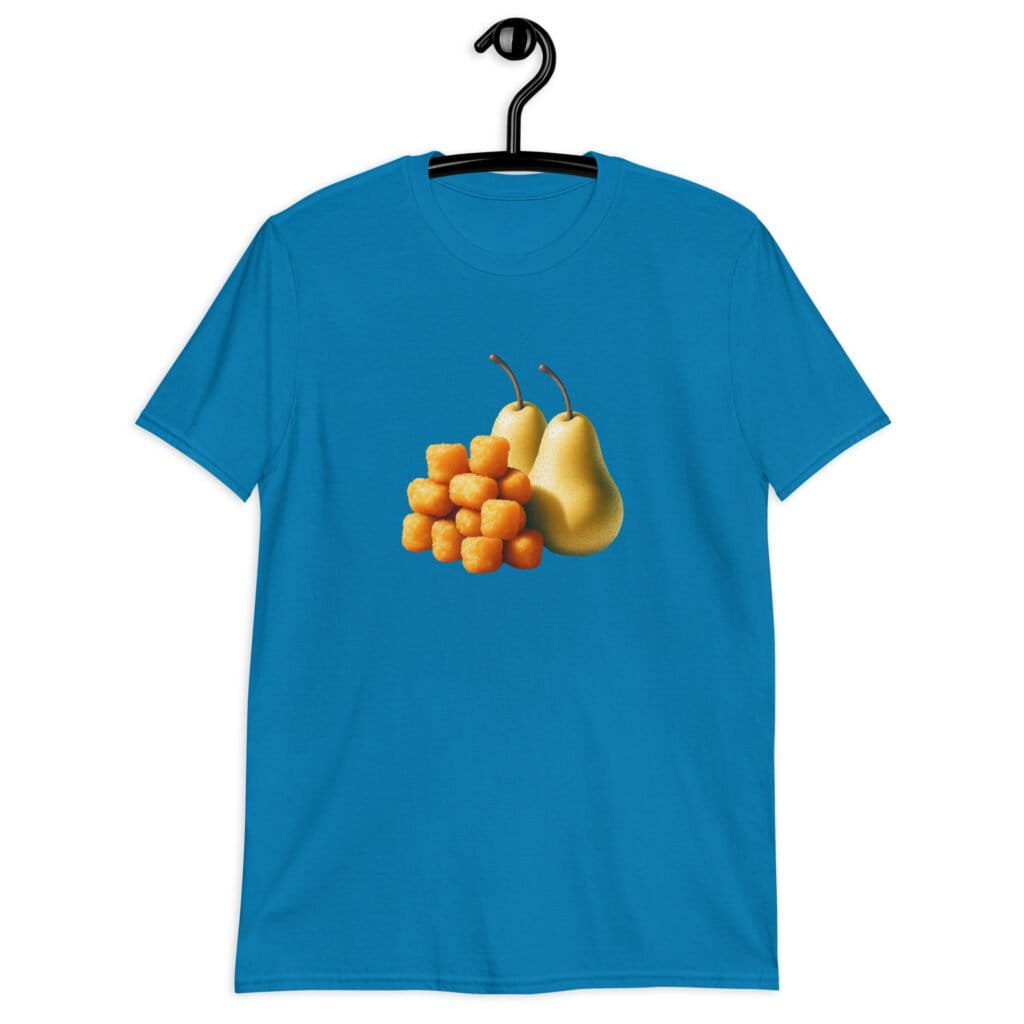 Sapphire blue t-shirt with an image of tater tots and two pears printed on the front.