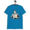 Sapphire blue t-shirt with graphic of a retro man holding sign that says 'Ladies, mansplaining is short for man explaining' printed on the front.