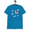 Sapphire blue t-shirt with Eileen name tag and white splatters printed on the front.