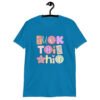 Sapphire blue t-shirt with colorful pastel font 'Fuck this shit' graphics printed on the front.