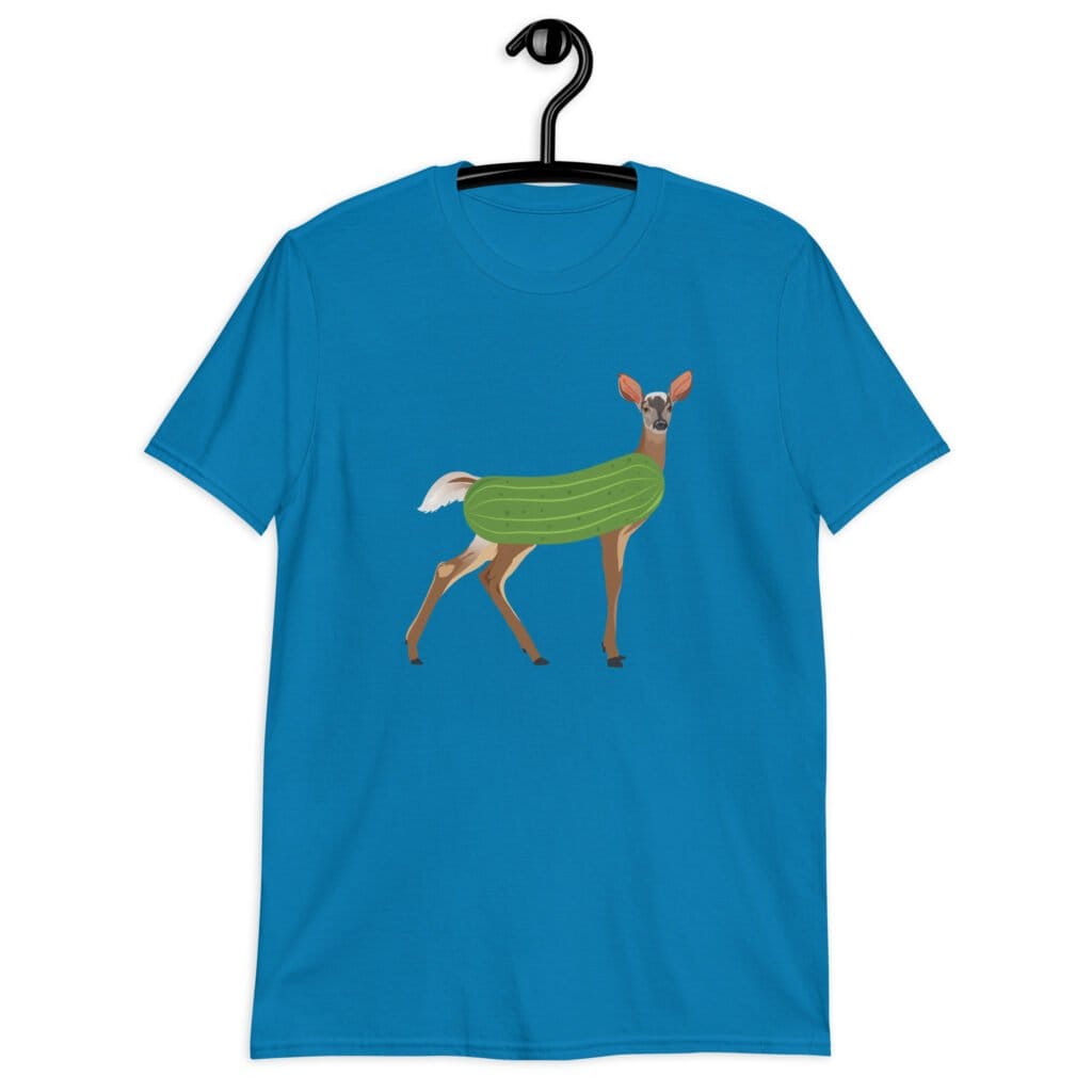 Sapphire blue t-shirt with funny image of a doe deer with a dill pickle body printed on the front.