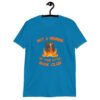 Sapphire blue t-shirt with image of a burning bible and the text 'Not a member of your little book club' printed on the front.
