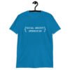 Sapphire blue t-shirt with the text 'Social anxiety intensifies' printed on the front.
