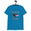 Sapphire blue t-shirt that has an image of a strap-on dildo and the words 'Just the tip. I promise.' printed on the front.