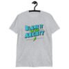 Sport grey t-shirt with the phrase 'Blame is on the anxiety' printed on the front. The graphics are bold and in aqua and lime green.