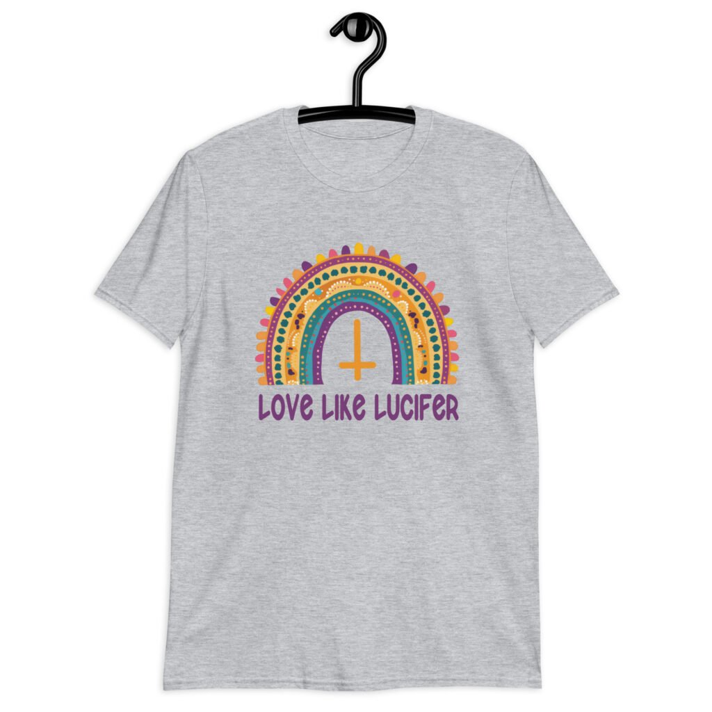 Sport grey t-shirt with an image of a boho style rainbow. There is an upside down cross in the center arch of the rainbow and the text 'Love like Lucifer' printed under. The graphics are printed on the front.