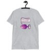 Sport grey t-shirt that has image of a purple anal plug with a smile face. There is a speech bubble above with the words 'Don't forget to stretch'. The graphics are printed on the front of the shirt.