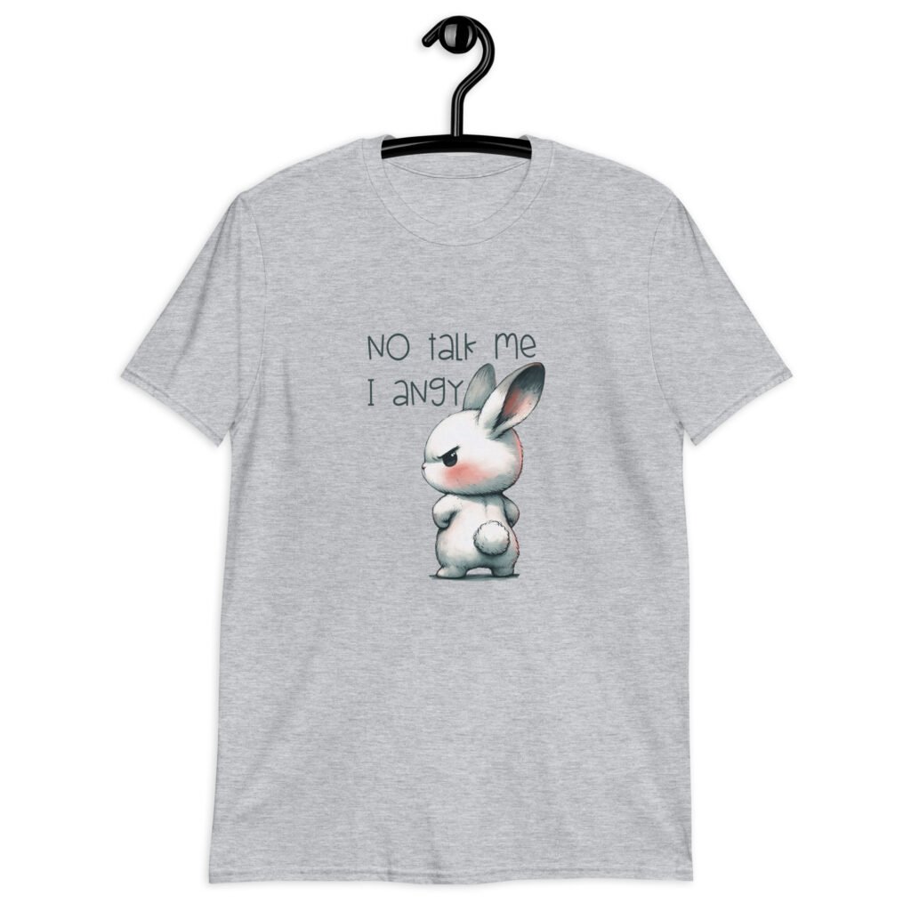 Sport grey t-shirt with an image of an angry bunny and the text 'No talk me I angy' printed on the front.