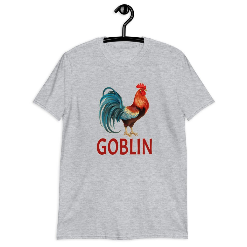 Sport grey t-shirt with an image of a rooster and the word 'Goblin' printed under the rooster. The graphics are printed on the front of the shirt.