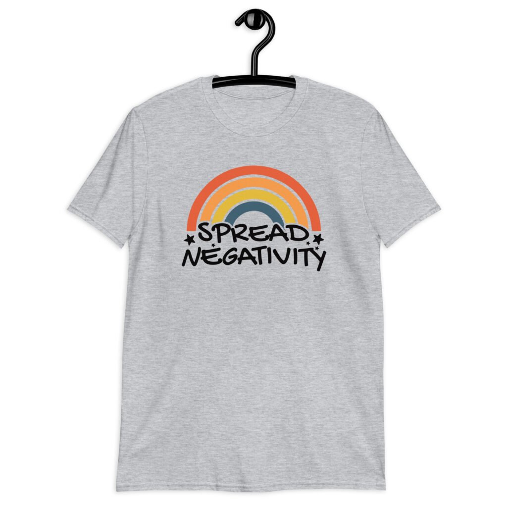 Sport grey t-shirt with a graphic of a rainbow and the words 'Spread negativity' printed on the front.