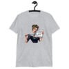 Sport grey t-shirt that has a graphic of an angry looking retro woman holding a knife and a sign. The sign says 'Tell me to calm down. I dare you.' The graphic is printed on the front of the shirt.