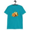Tropical blue t-shirt with an image of tater tots and two pears printed on the front.