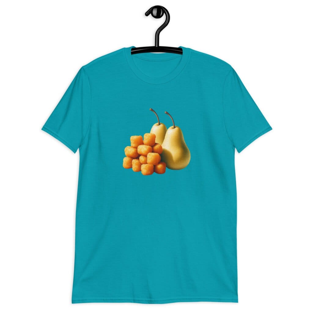 Tropical blue t-shirt with an image of tater tots and two pears printed on the front.