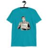 Tropical blue t-shirt with graphic of a retro man holding sign that says 'Ladies, mansplaining is short for man explaining' printed on the front.