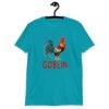 Tropical blue t-shirt with an image of a rooster and the word 'Goblin' printed under the rooster. The graphics are printed on the front of the shirt.
