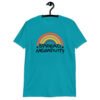 Tropical blue t-shirt with a graphic of a rainbow and the words 'Spread negativity' printed on the front.
