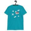 Tropical blue t-shirt with Eileen name tag and white splatters printed on the front.
