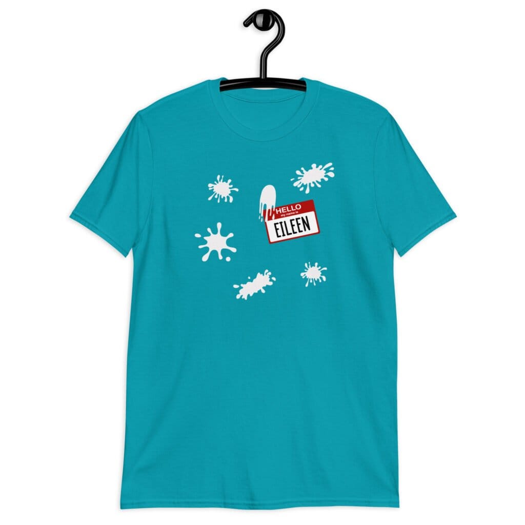 Tropical blue t-shirt with Eileen name tag and white splatters printed on the front.