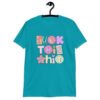Tropical blue t-shirt with colorful pastel font 'Fuck this shit' graphics printed on the front.