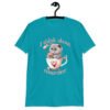 Tropical blue t-shirt that says 'I think about murder' with image of cute fluffy kitten sitting in a teacup printed on the front.