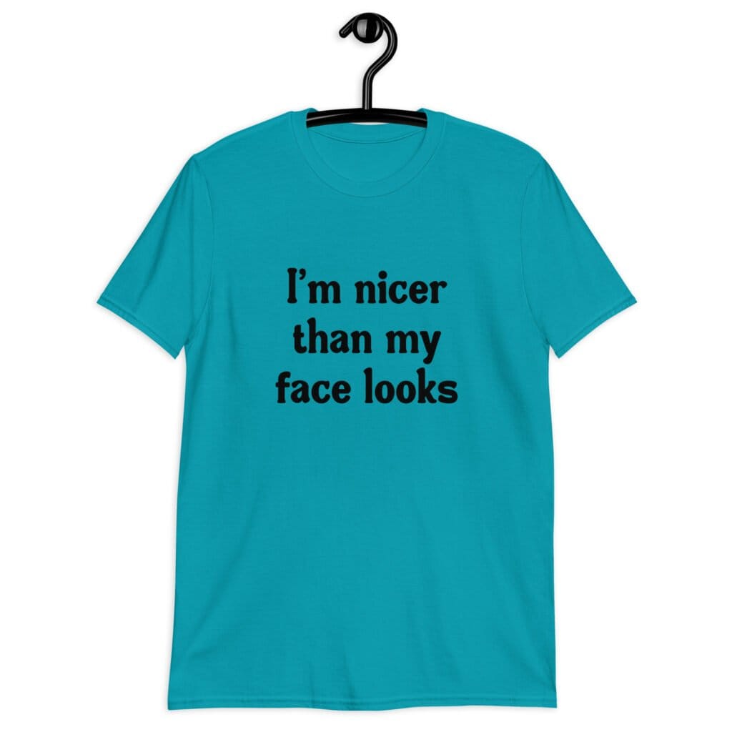 Tropical blue t-shirt with the text 'I'm nicer than my face looks' printed on the front.