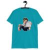Tropical blue t-shirt that has a graphic of an angry looking retro woman holding a knife and a sign. The sign says 'Tell me to calm down. I dare you.' The graphic is printed on the front of the shirt.