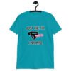 Tropical blue t-shirt that has an image of a strap-on dildo and the words 'Just the tip. I promise.' printed on the front.