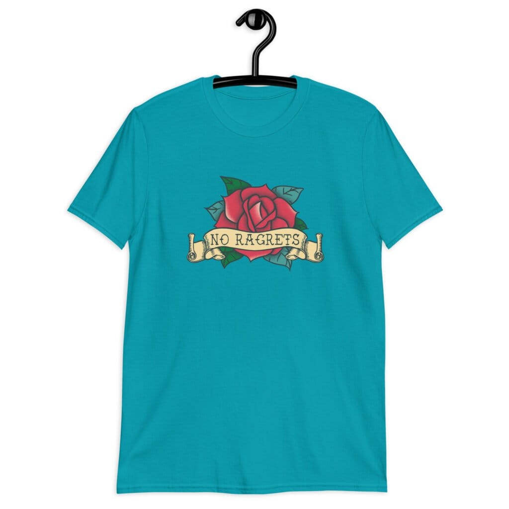 Tropical blue t-shirt with funny image of an old school rose flash tattoo with the words 'No ragrets' intentionally misspelled.