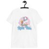 White t-shirt with funny pastel rainbow unicorn graphics and the words Alpha Male printed on the front.