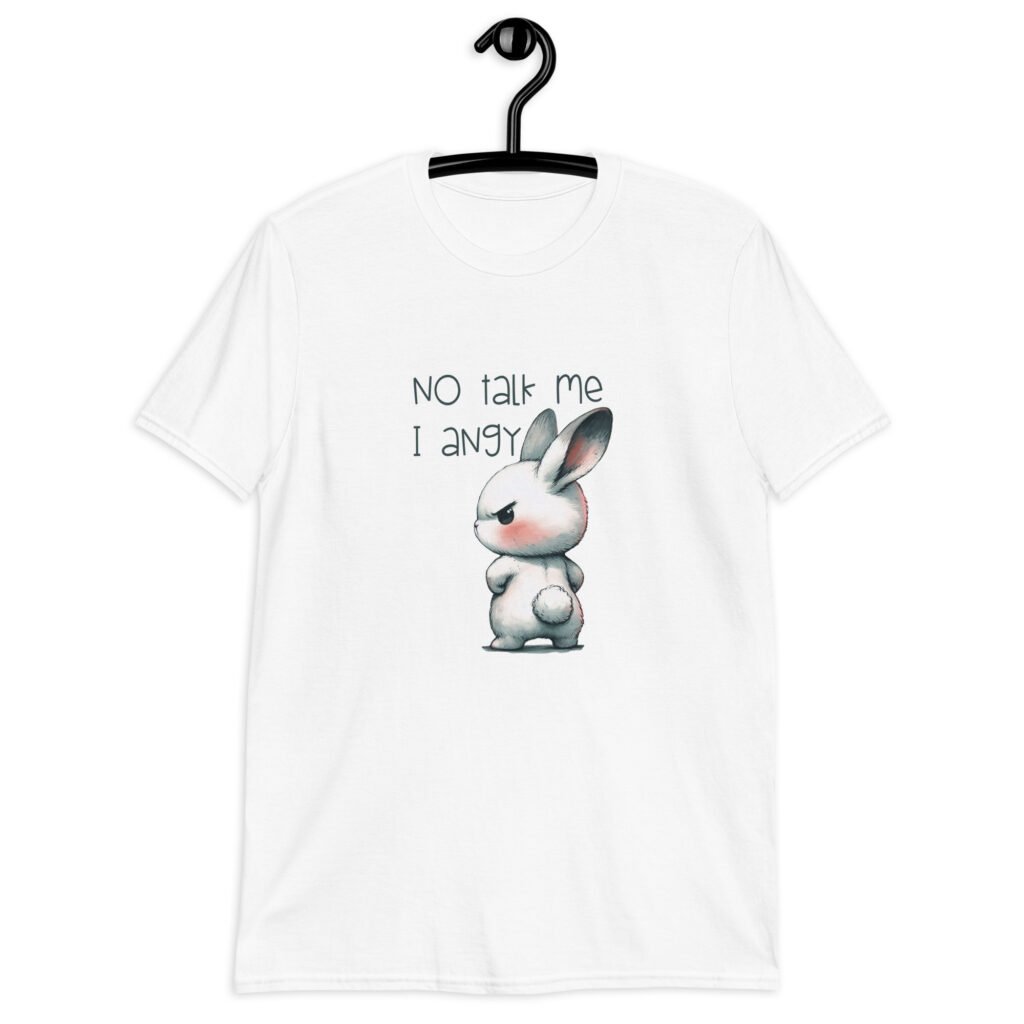 White t-shirt with an image of an angry bunny and the text 'No talk me I angy' printed on the front.