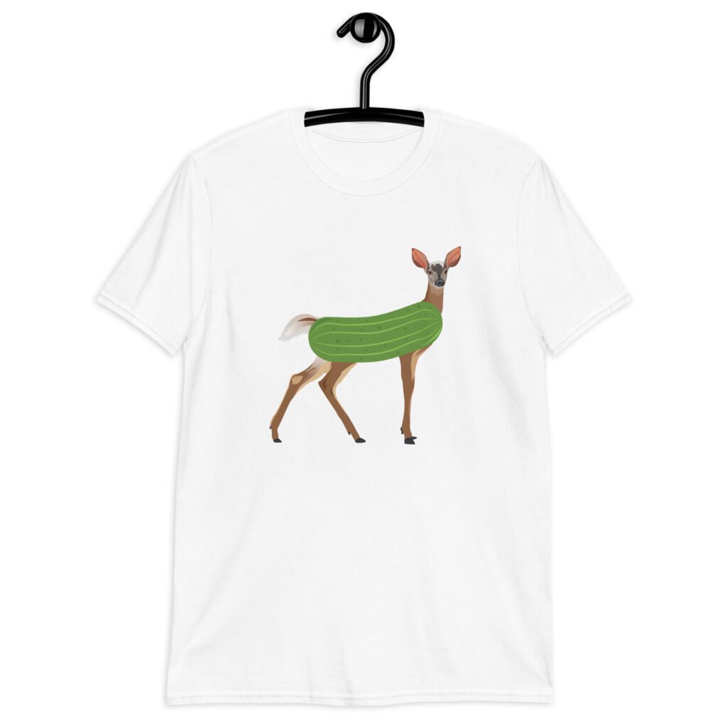 White t-shirt with funny image of a doe deer with a dill pickle body printed on the front.
