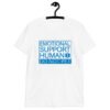 White t-shirt with the text 'Emotional support human. Do not pet' printed on the front.
