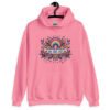 Azalea pink hoodie sweatshirt with colorful boho floral design and the test 'Bad vibes only' printed on the front.