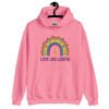 Azalea pink hoodie sweatshirt with an image of a boho style rainbow. There is an upside down cross in the center arch of the rainbow and the text 'Love like Lucifer' printed under. The graphics are printed on the front.