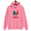 Azalea pink hoodie with an image of a rooster and the word 'Goblin' printed under the rooster. The graphics are printed on the front of the hoodie.